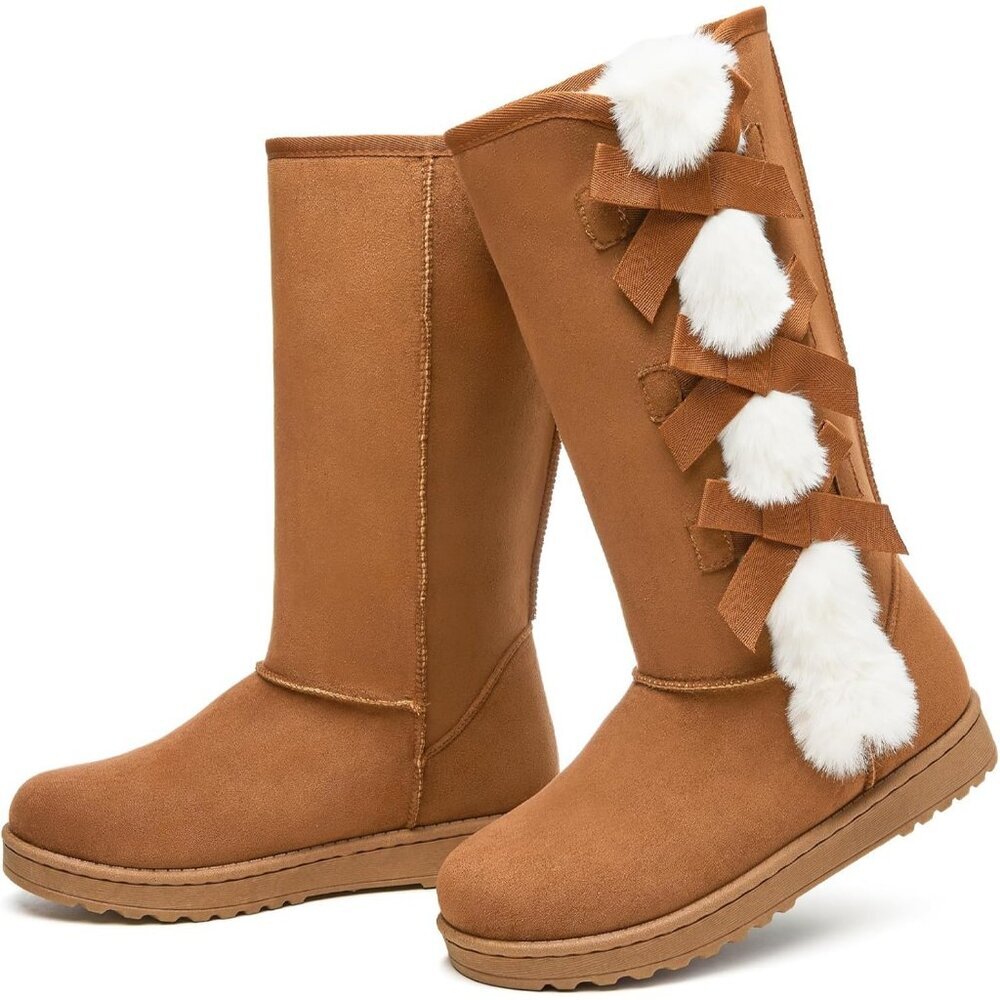 Women's Warm Mid Calf Boots Fuzzy Ladies Booties Classic Bow Tie Chestnut